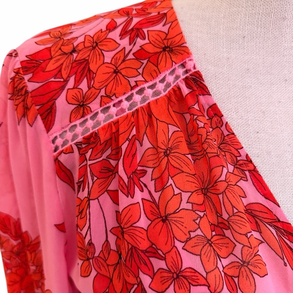 CAbi Pink/Red Chiffon Floral "Drama" Wrap Style Midi Dress #5614 S - Picture 4 of 12